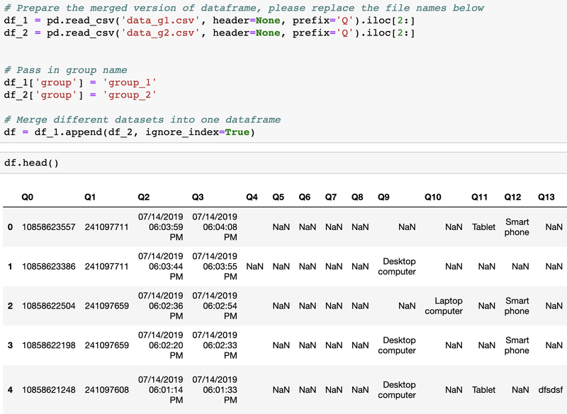 The merged data from the two surveys in an iPython notebook