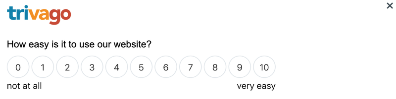 A screenshot of a survey on trivago with a poll asking "How easy is it to use this website from 0 to 10?"