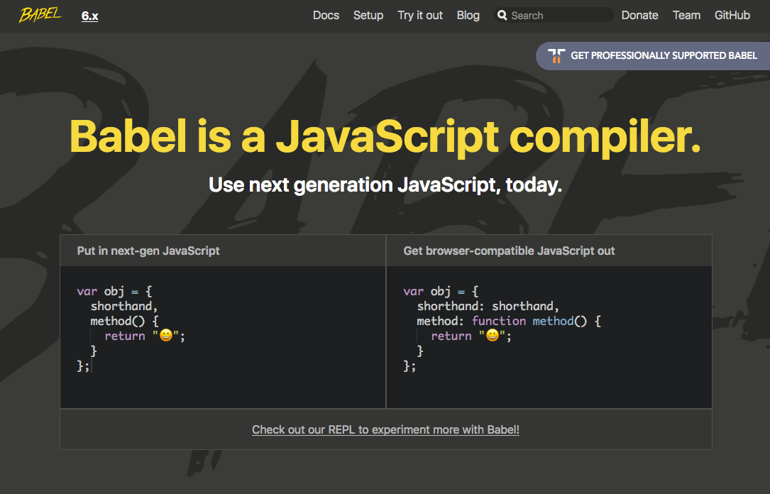 A screenshot of the Babel.js home page