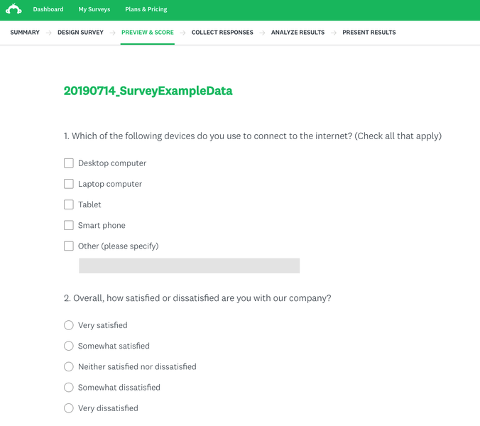 A preview of a survey on SurveyMonkey showing some example data of a survey about device usage"