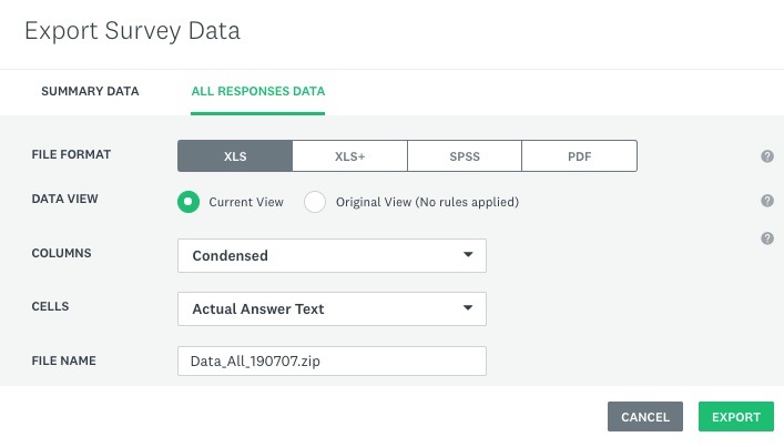The export data dialog on SurveyMonkey