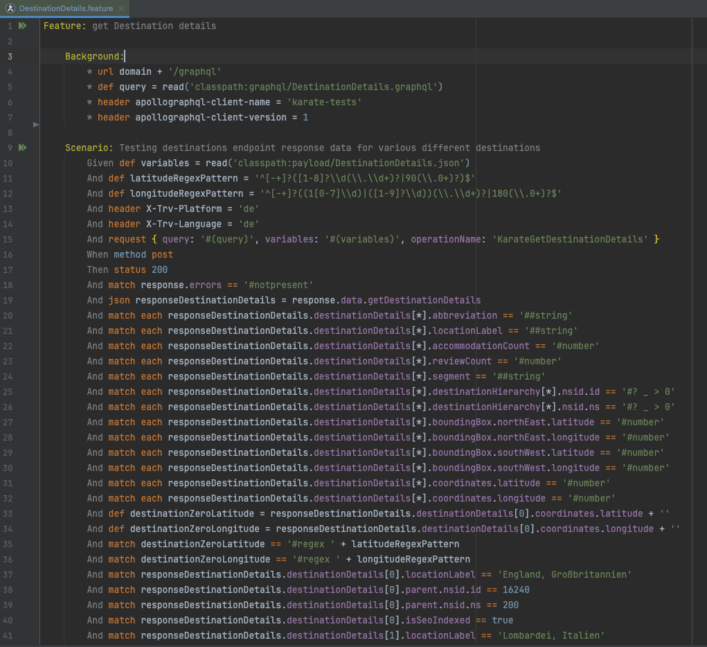 Karate feature file example for testing a Destinations service